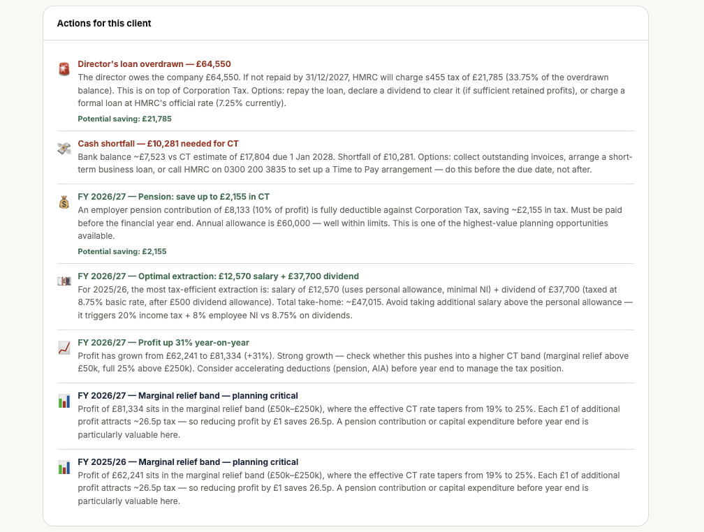 Explainable workings and advisory actions for a client