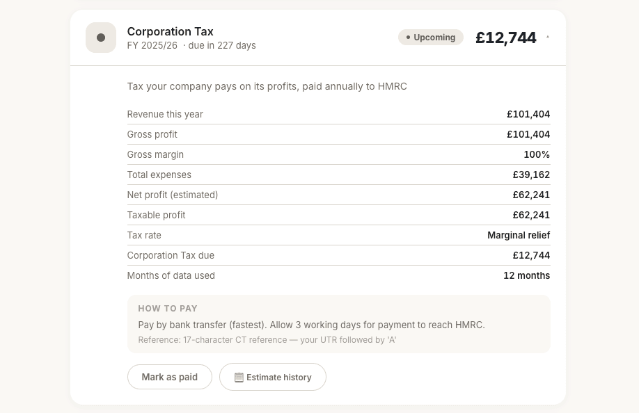 Live corporation tax forecast showing taxable profit, rate and CT due