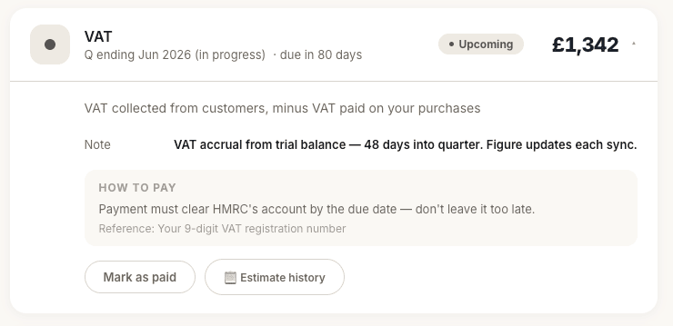 Live VAT position showing balance due, quarter and payment date