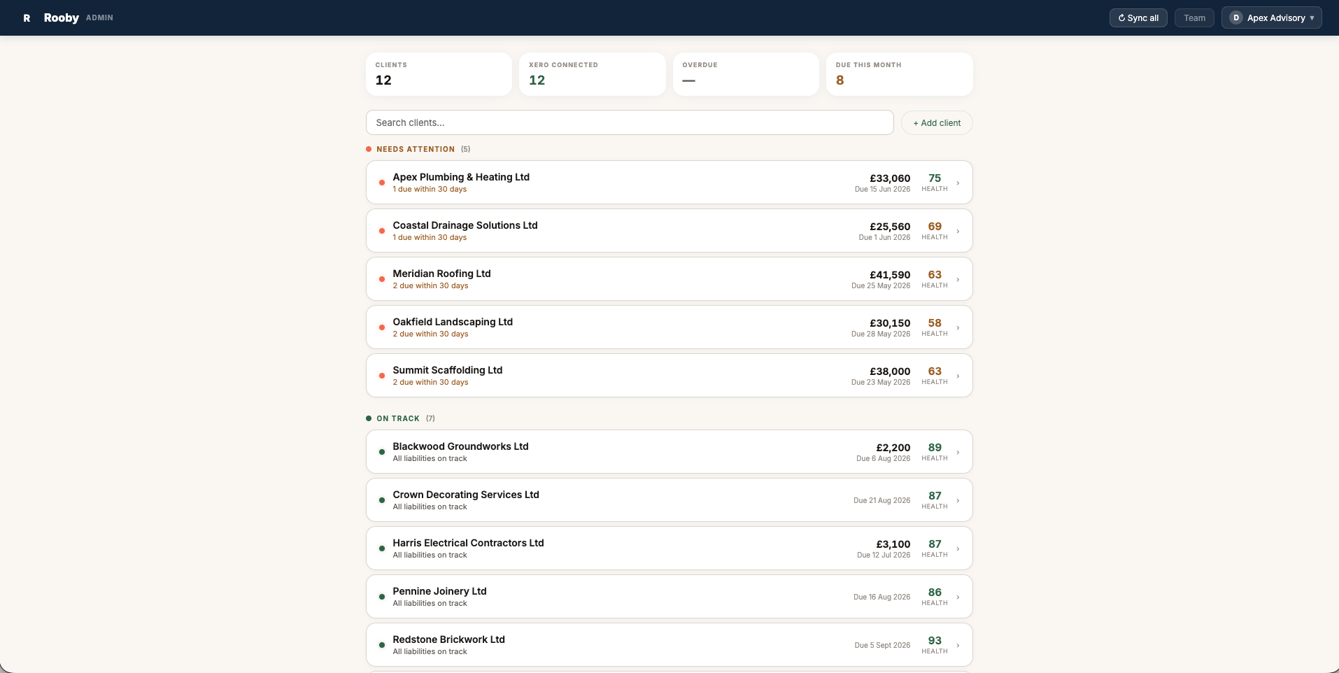 Client list showing needs attention and on track groupings with health scores per client