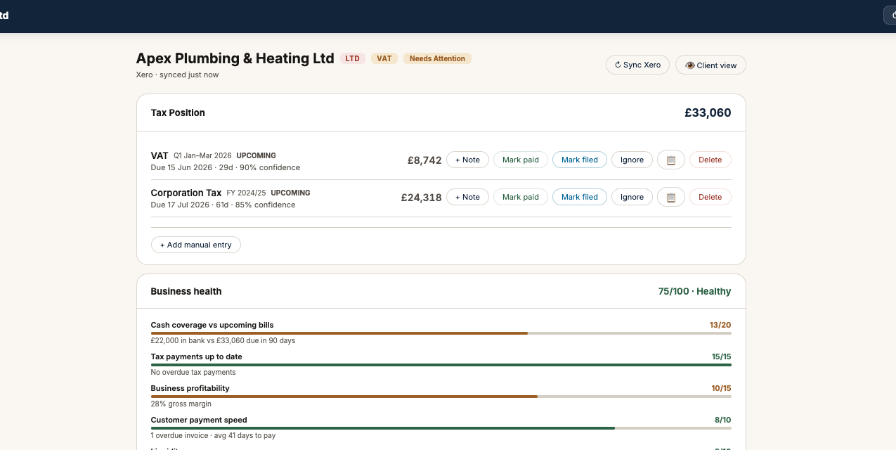Client detail page showing VAT and Corporation Tax liabilities with confidence ratings and due dates