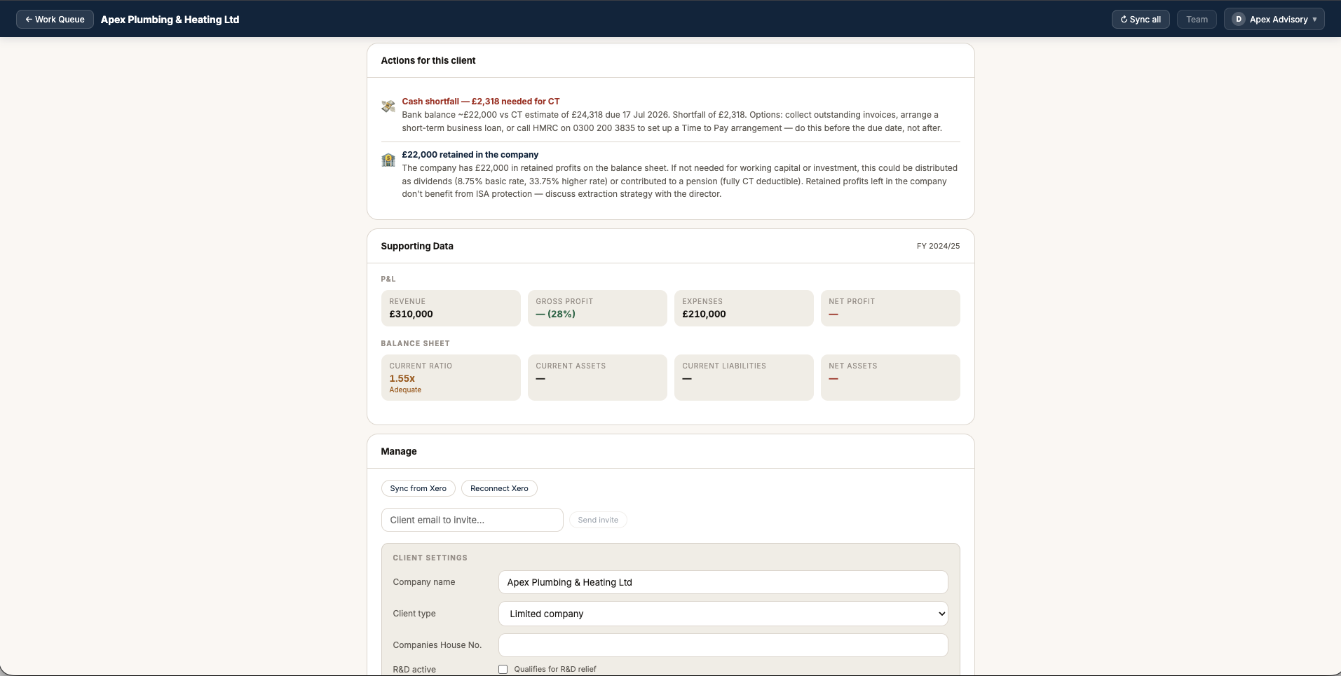 Suggested actions for the client alongside a snapshot of their P&L and balance sheet