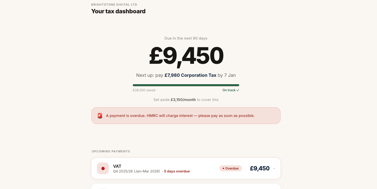 Tax dashboard showing total upcoming HMRC payments in the next 90 days with savings progress